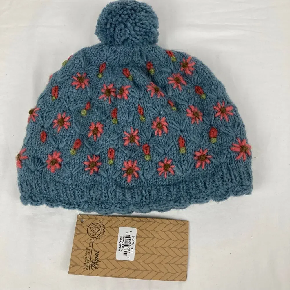 NWT Lost Horizons Anaya Wool Beanie Womens Blue Floral Embroidery Pom Nepal